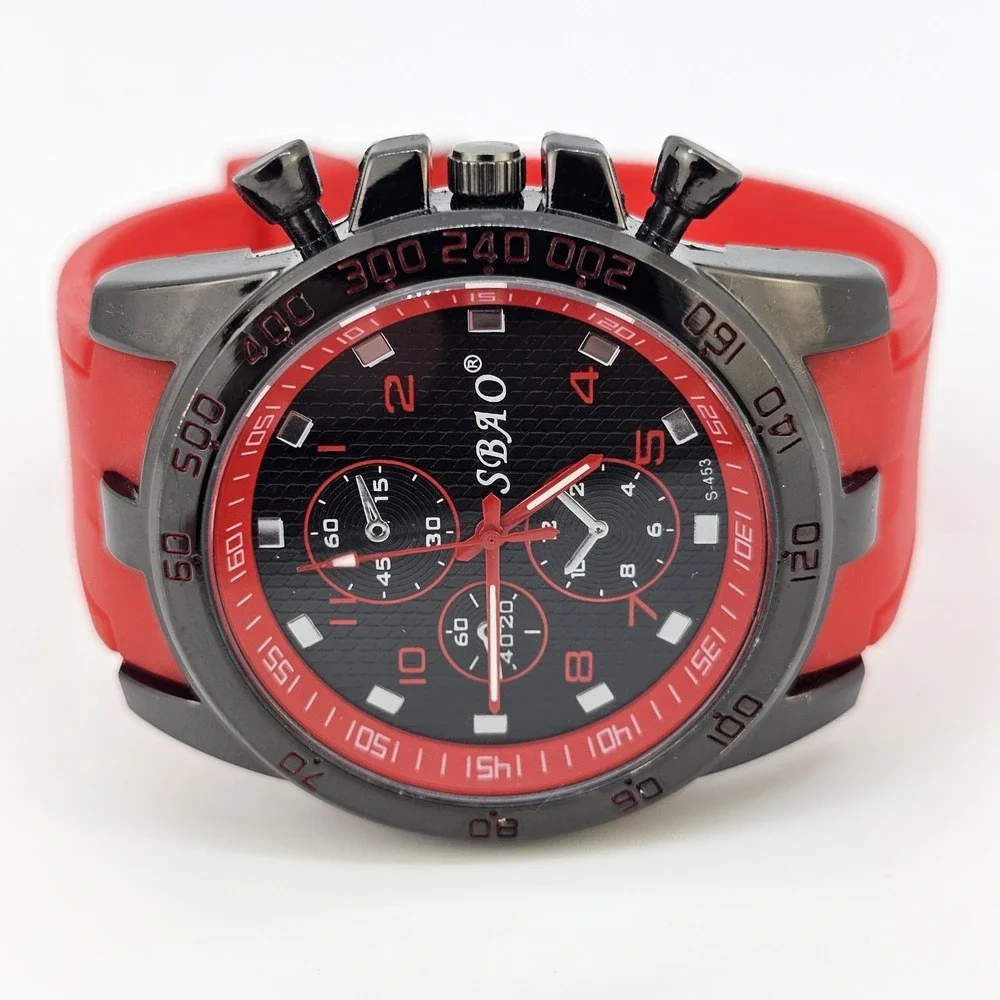 Men's‎ Analog Watch 45MM Black Dial Red Plastic Bands New Battery